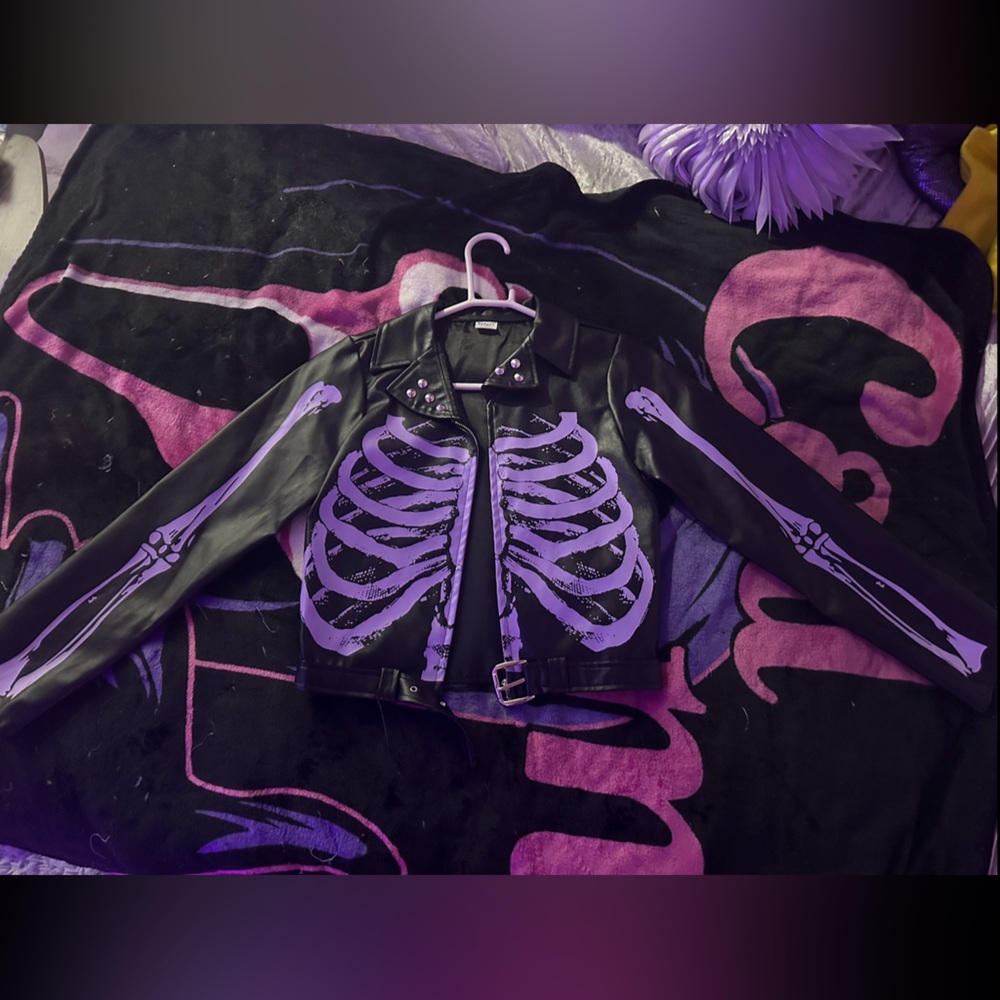 Spirit Halloween lavender skeleton moto jacket